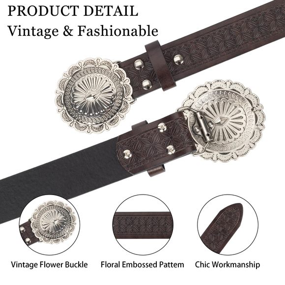 Vintage Western-cowboy-belt For Women Men - Carved Buckle Pu Leather Waist😼 - Picture 3 of 9